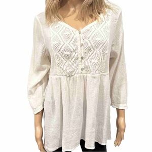 White Boho Long Sleeve Peasant Top Medium
